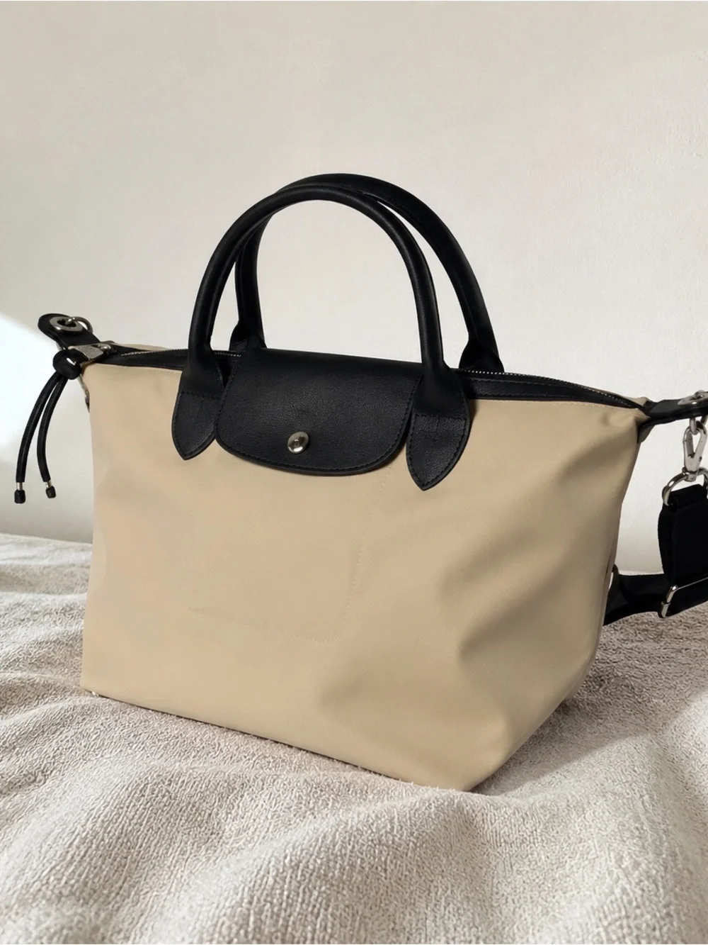 Black & Beige Canvas Tote Bag with Top Handles
